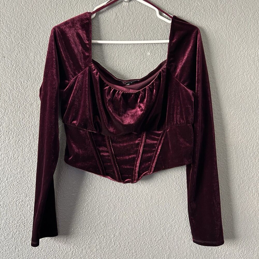 Y2K Whimsigoth Velvet Crop Top Corset Long Sleeves Wine Vampy XL Fairy core